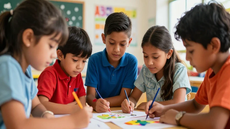 Niños mexicanos diversos colaborando en proyecto escolar