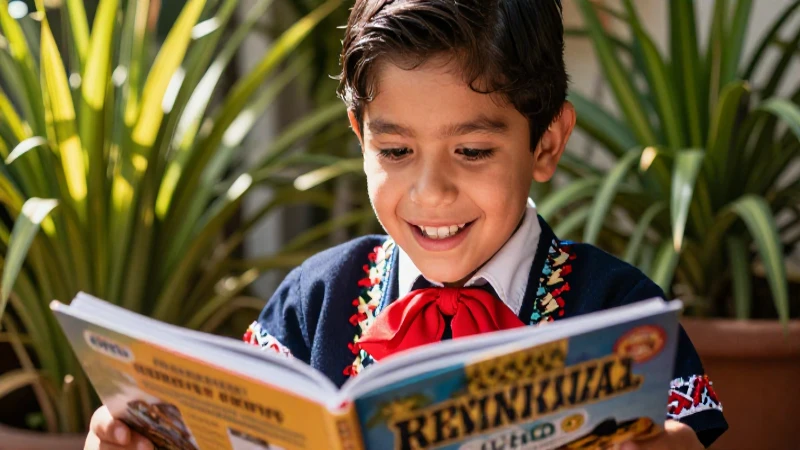 Niño mexicano alegre lee en entorno vibrante