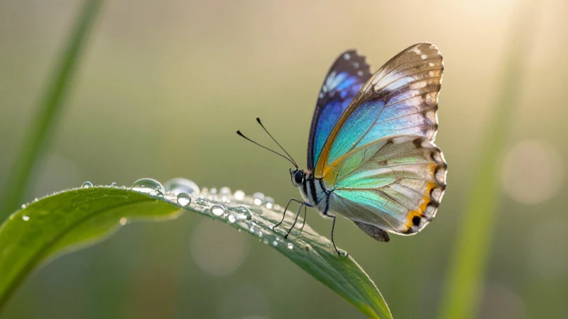 Efímero: significado, origen y connotaciones en la vida 3 Mariposa iridiscente volando con rocío en hoja verde