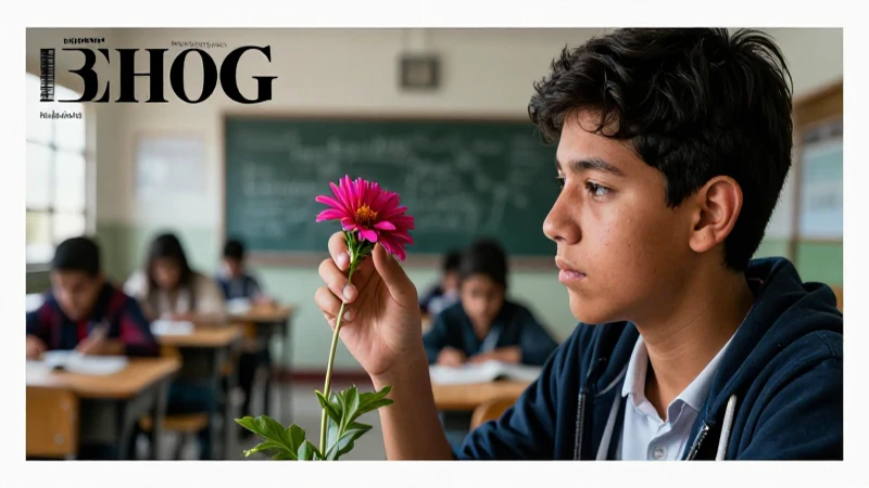 Estudiante reflexivo toca una flor vibrante