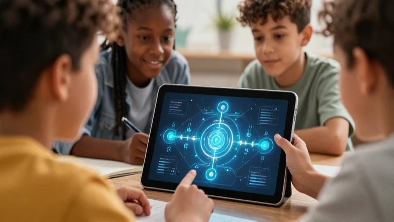 Estudiante aprende con tablet futurista y brillante