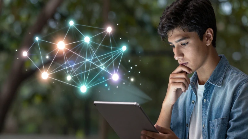 Estudiante pensativo y nodos luminosos digitales