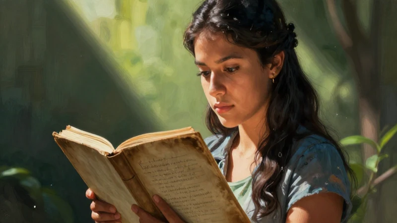 Joven mexicana enfoca un cuaderno antiguo con luz dramática
