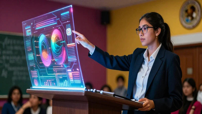 Estudiante presentando con holograma en un aula vibrante