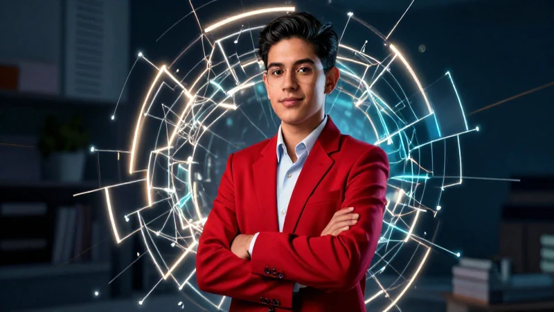 Estudiante mexicano con lógica vibrante en portada moderna