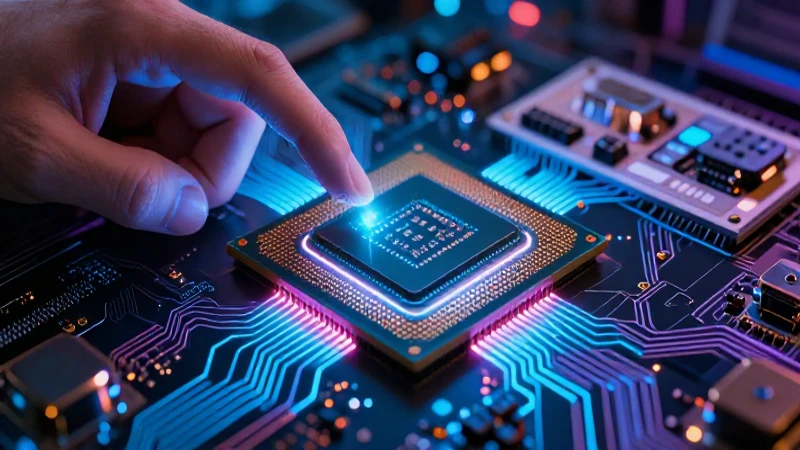 Microchip futurista en primer plano tecnológico y dinámico