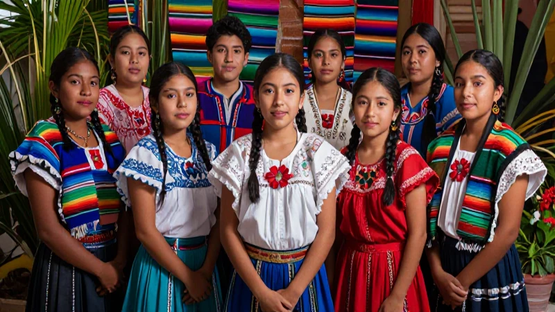 Estudiantes mexicanos en color vibrante con encaje