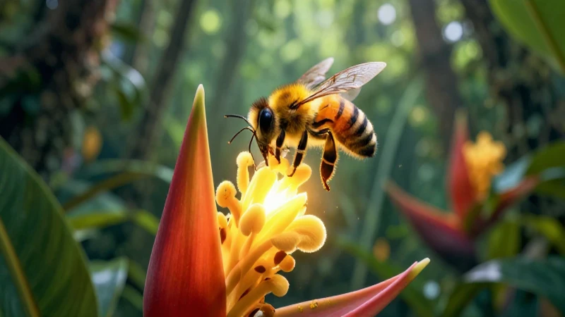 Ejemplo de mutualismo: 15 impactantes casos reales 3 Abeja vibrante en flor tropical con estilo educativo