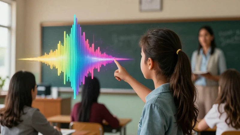 Estudiante apunta a onda sonora en aula moderna
