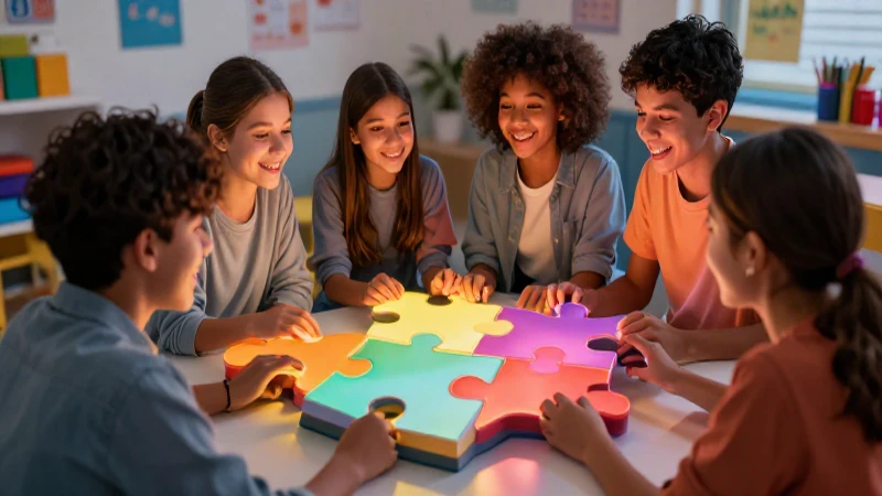100 ejemplos de pronombres para aprender 42 Ilustración vibrante de estudiantes colaborando en un puzzle