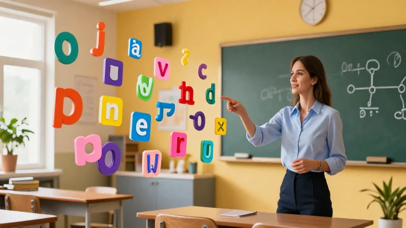 100 ejemplos de pronombres para aprender 29 Profesora y gramática flotante en aula vibrante