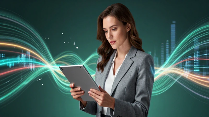 Mujer moderna con tablet rodeada de datos