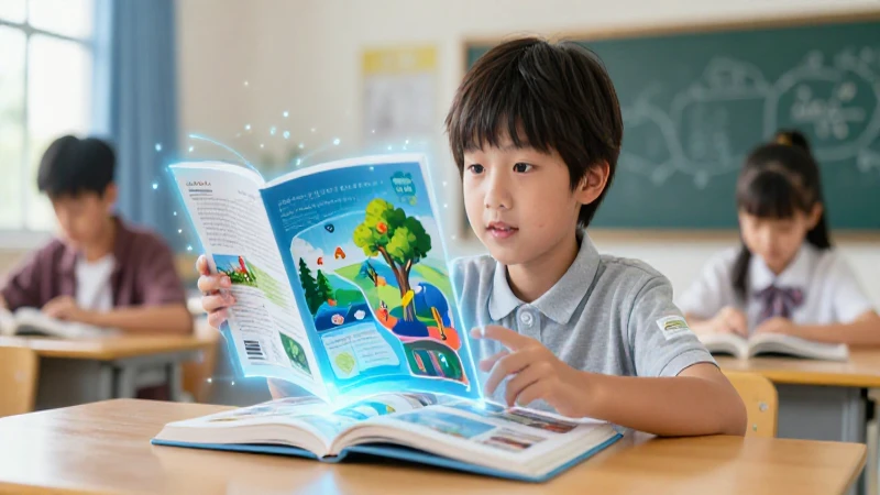 Estudiante interactúa con libro holográfico futurista