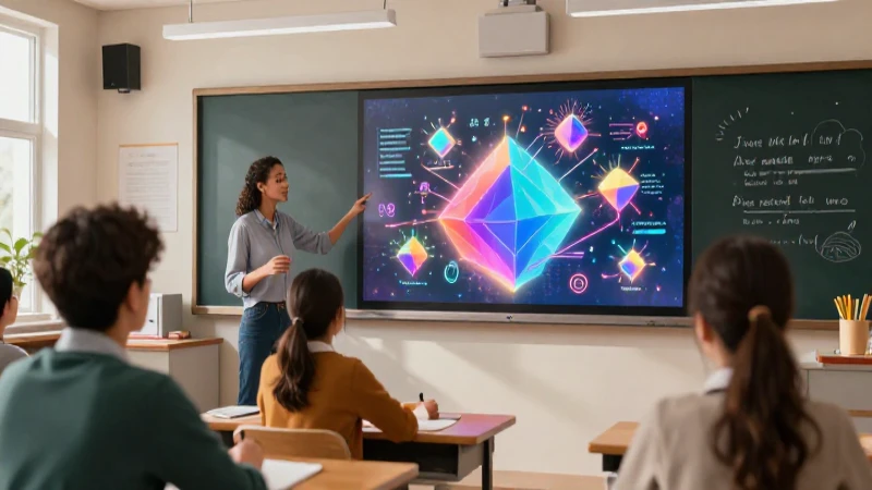 100 ejemplos de verbos con su clasificación 22 Educadora moderna en un aula vibrante con abstracciones geométricas
