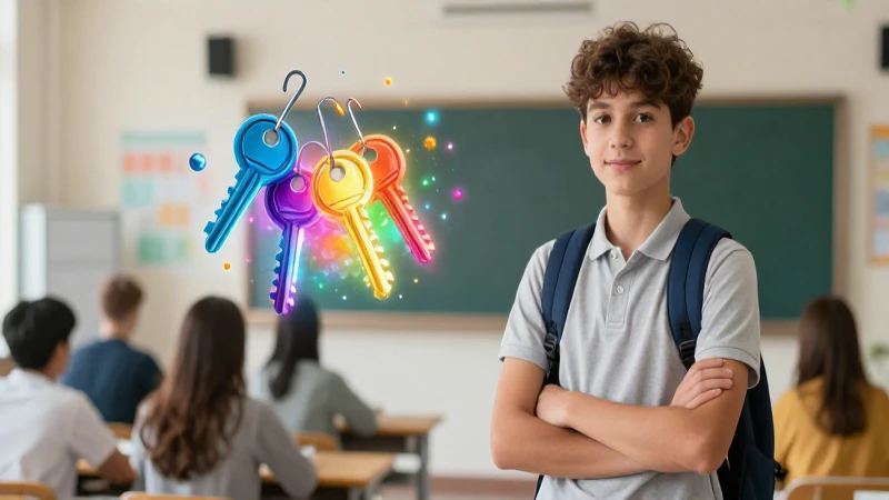 Estudiante confiado con llaves de conocimiento vibrantes