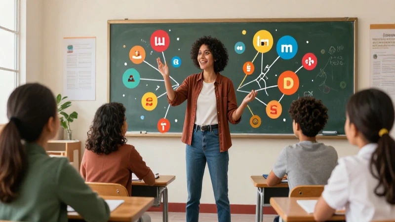 Aula mexicana moderna con estudiantes diversos y conexiones semánticas