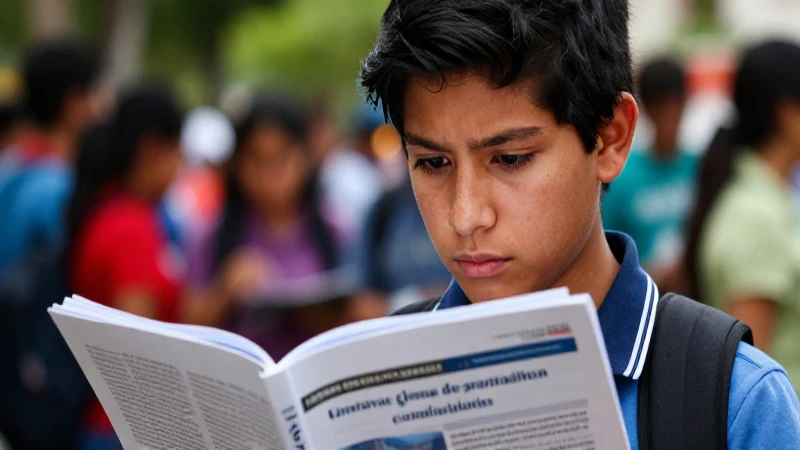 Estudiante mexicano concentrado estudia un informe educativo detallado