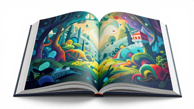 Ilustración digital de un libro abierto mágico