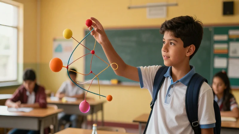Estudiante interactúa con estructura abstracta en aula vibrante