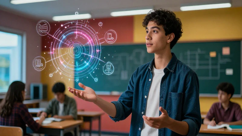 Ejemplo de definición y concepto: significado claro 5 Joven estudiante presenta lógica con fuerza en aula