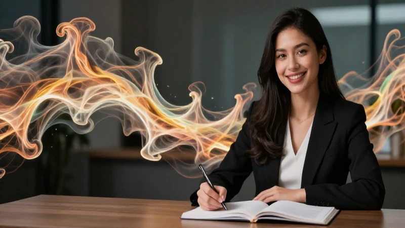 Educadora sonriente y elegante con ambiente académico moderno