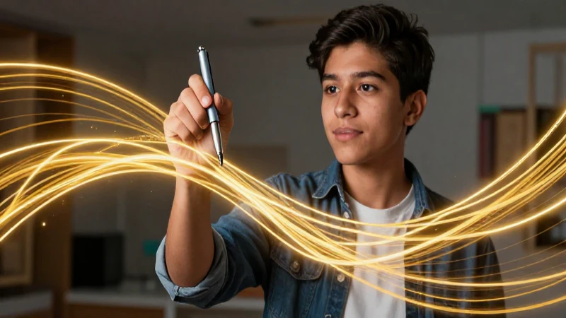 Estudiante mexicano enfocado con líneas doradas