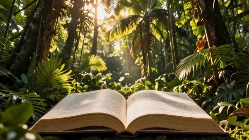 Bosque tropical iluminado con libro abierto