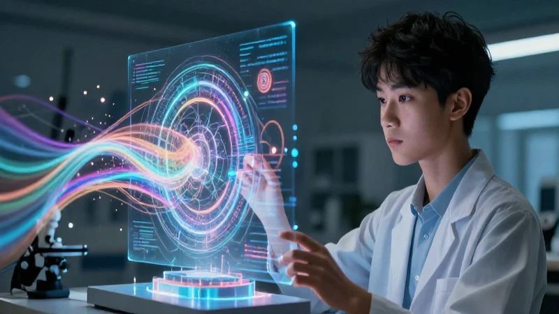 Estudiante con modelo científico holográfico avanzado