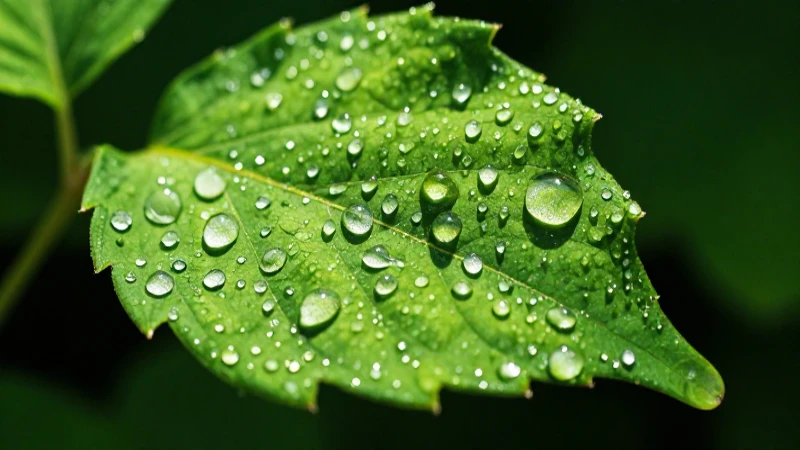 Hoja verde brillante con rocío matutino