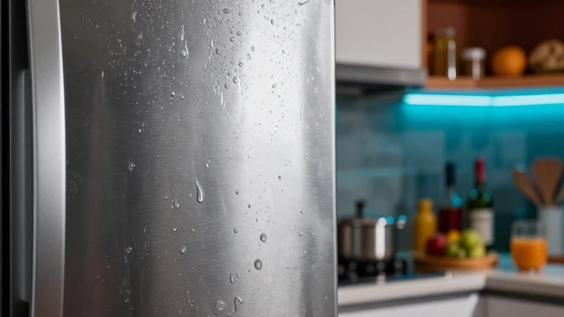 Refrigerador moderno y brillante en cocina vibrante