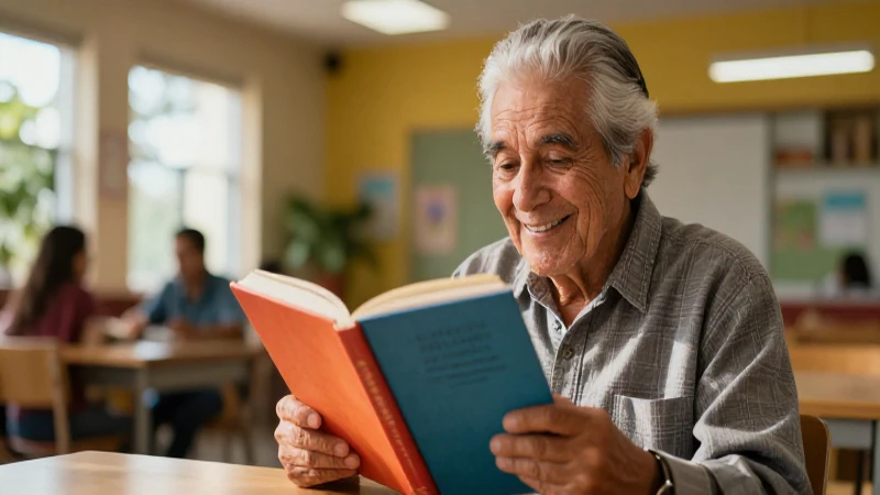 Abuelita sonriente leyendo libro en México moderno