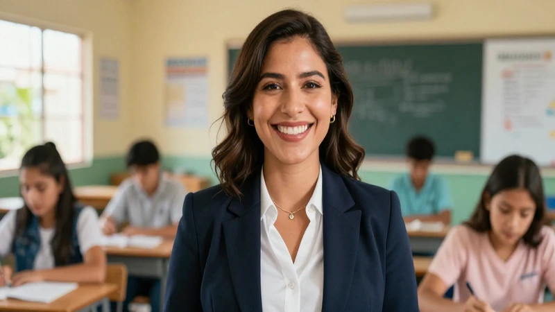 Mujer sonriente profesional en un aula mexicana