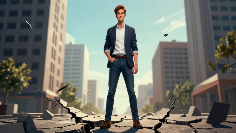 Joven emprendedor en escenario urbano dramático
