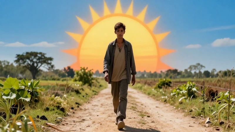 Refugiado resiliente bajo un sol vibrante en un camino rural