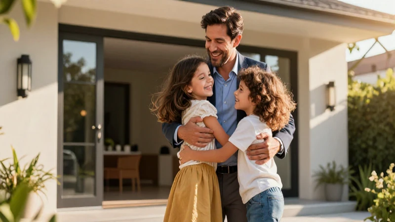 Padre feliz y moderno con su familia en casa