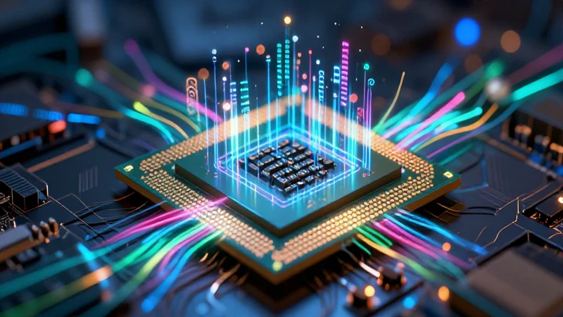 Microchip futurista brillante con datos holográficos