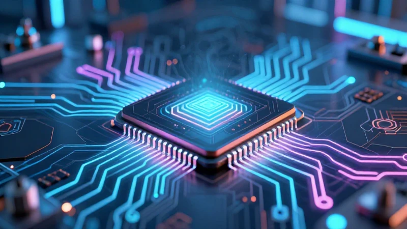 Chip tecnológico elegante con circuitos brillantes en laboratorio