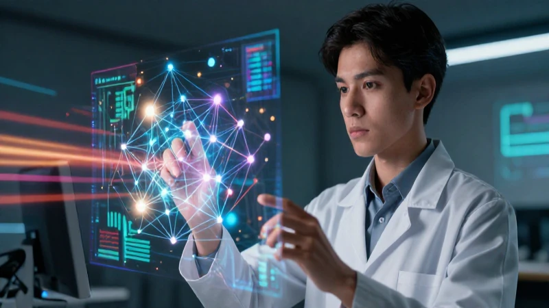 Investigador moderno interactúa con red de datos holográfica