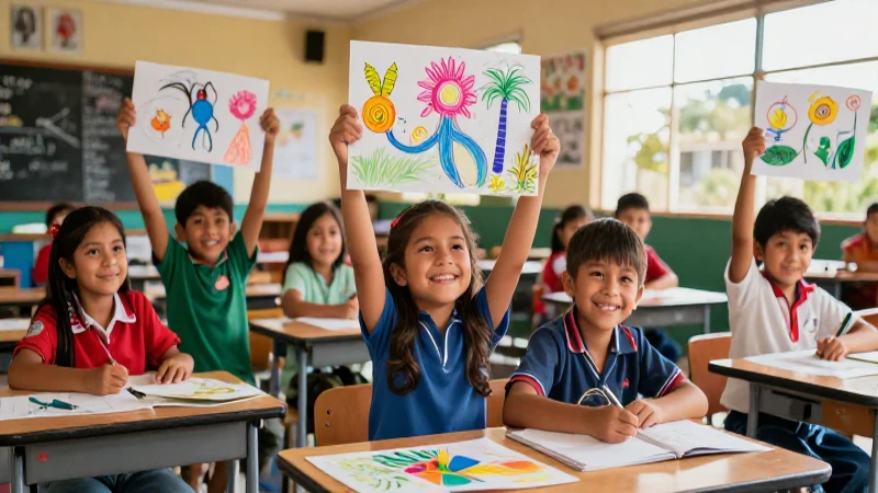 Niños mexicanos creativos y coloridos en un aula soleada