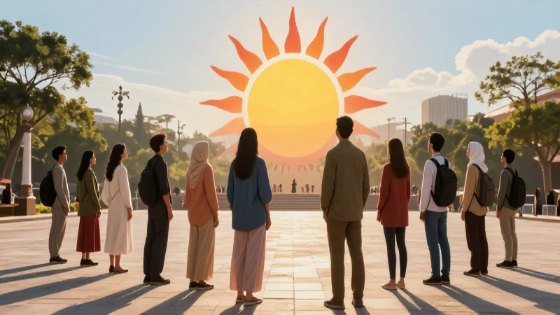 Plaza diversa con luz dorada hacia el sol libre