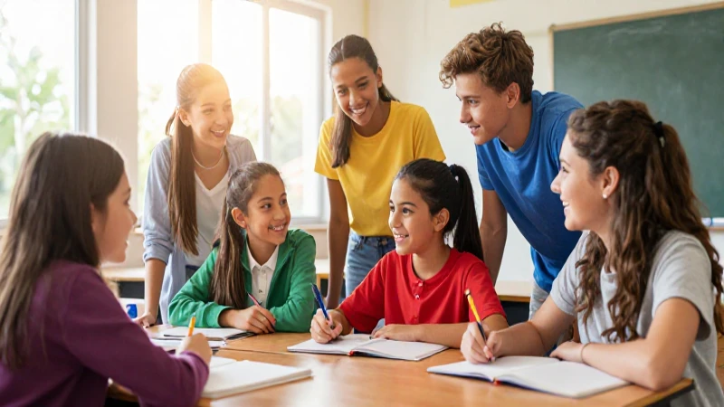 Estudiantes colaboran en una clase vibrante y moderna