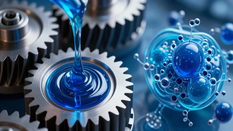 Lubricantes azules fluyen sobre engranajes metálicos