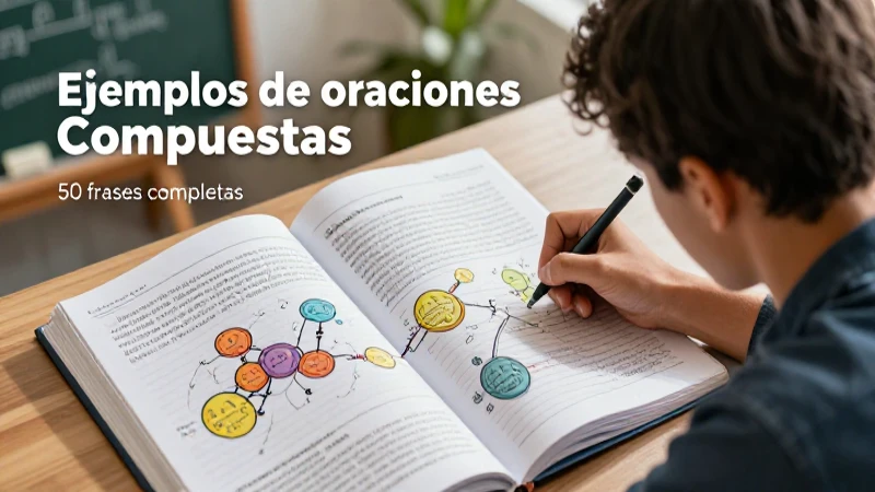 Ejemplos de oraciones compuestas: 50 frases completas 30 Ilustración educativa de estudiante mexicano aprendiendo