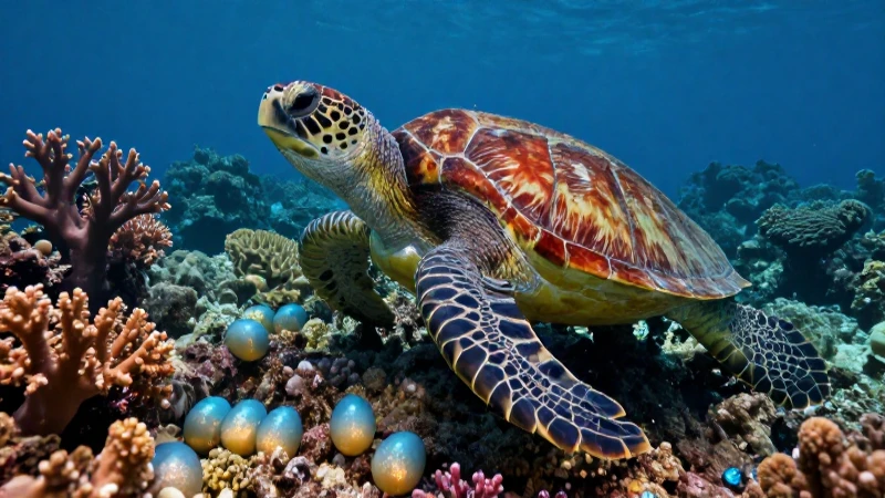 Tortuga en arrecife con huevos