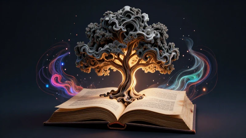 30 Ejemplos de Personificación que Marcan la Diferencia 18 Árbol de tinta abraza libro con partículas digitales