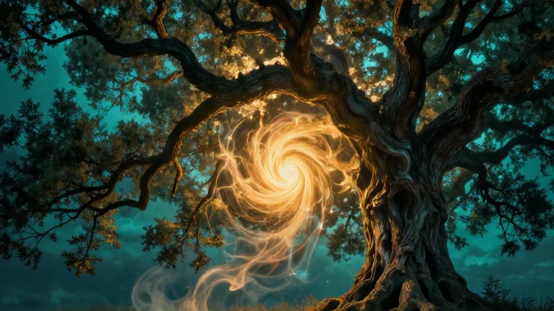 30 Ejemplos de Personificación que Marcan la Diferencia 5 Árbol majestuoso con vórtice de tinta luminosa
