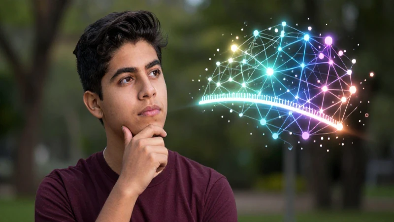 Retrato conceptual de estudiante mexicano con nodos lingüísticos