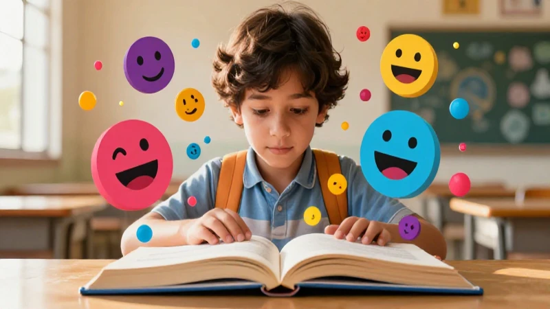 Niño curioso lee libro mágico de emociones