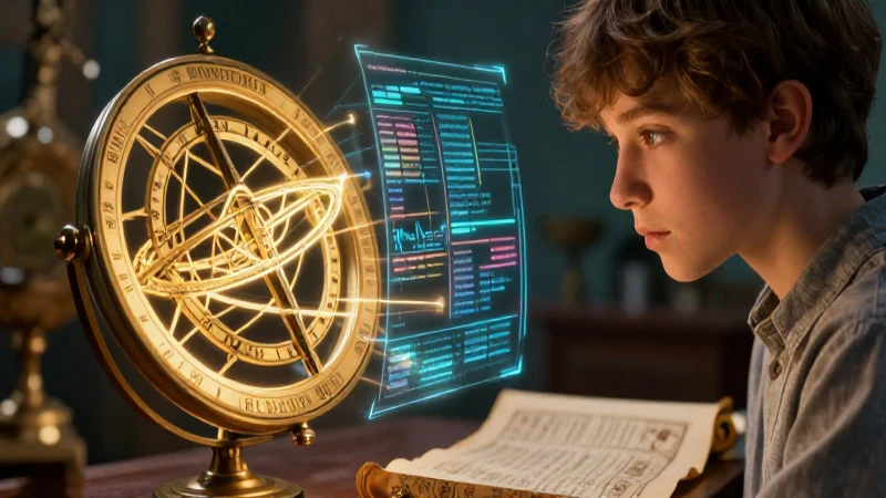 Astrolabio antiguo y datos holográficos con luz dorada