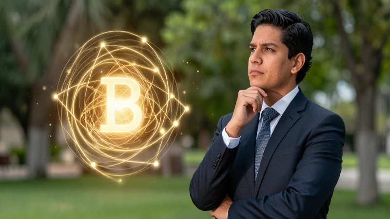 Educador mexicano pensativo con red dorada abstracta